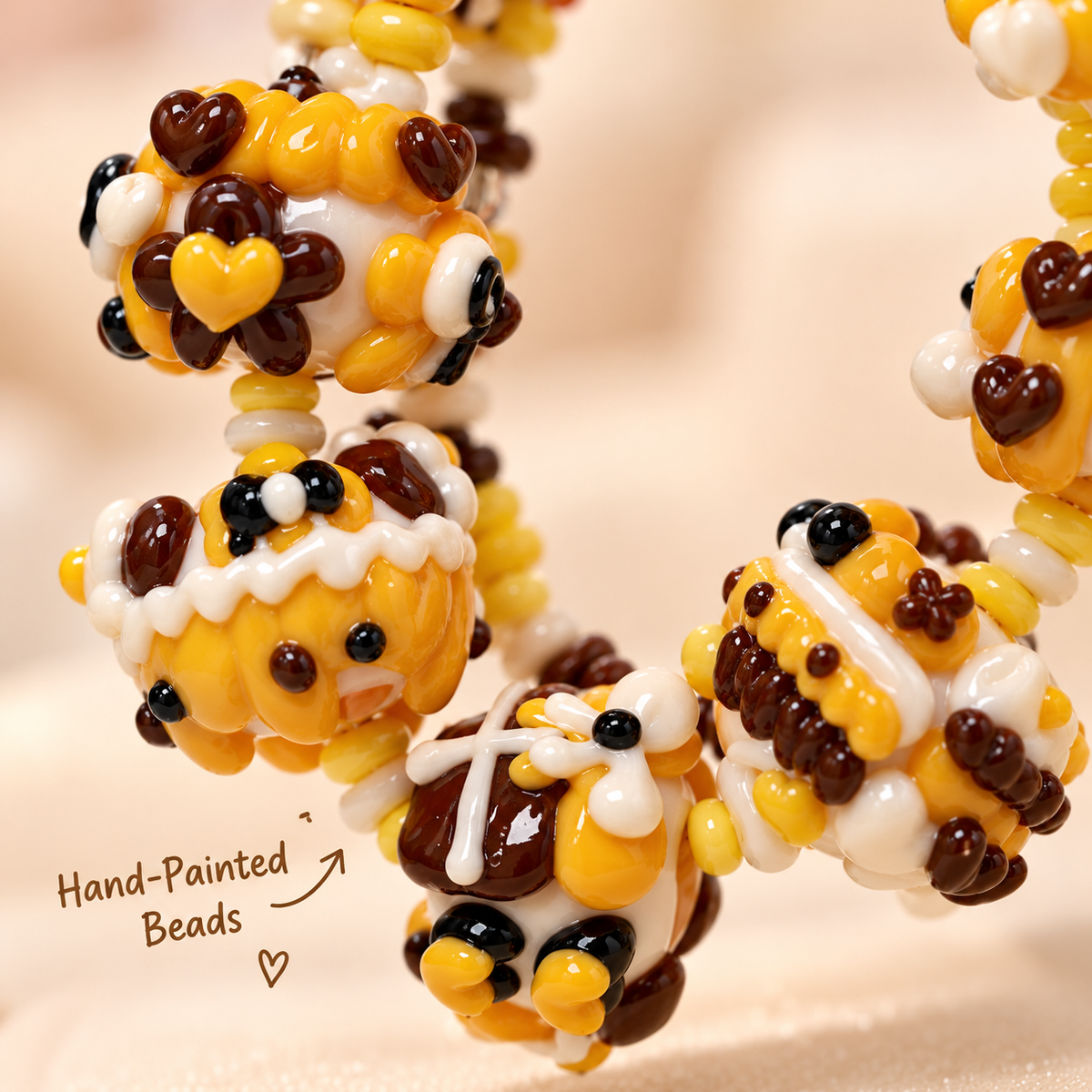 Close-up of yellow ivory chocolate brown hand-painted chunky beads