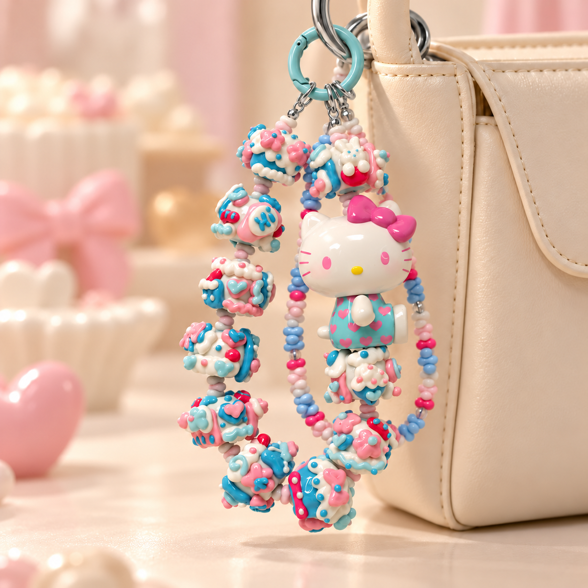 Hello Kitty Blue Pink Peach Heart charm with silver-tone connectors on cream handbag