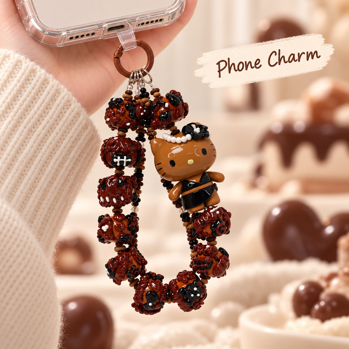 Brown Sugar Hello Kitty charm attached to the bottom of a clear phone case