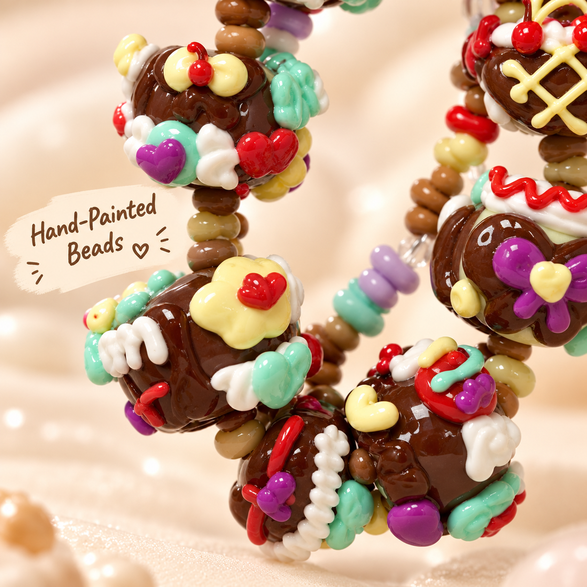Chocolate brown chunky beads with colorful candy hearts bows and icing detail