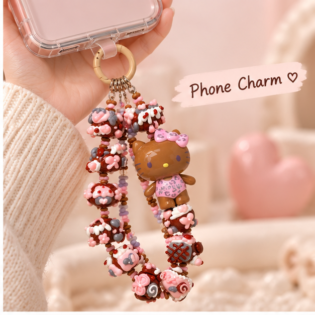 Authentic TOP TOY Special Edition Hello Kitty Pink Leopard Print Phone Charm ā Handmade Hand-Painted Chunky Beads