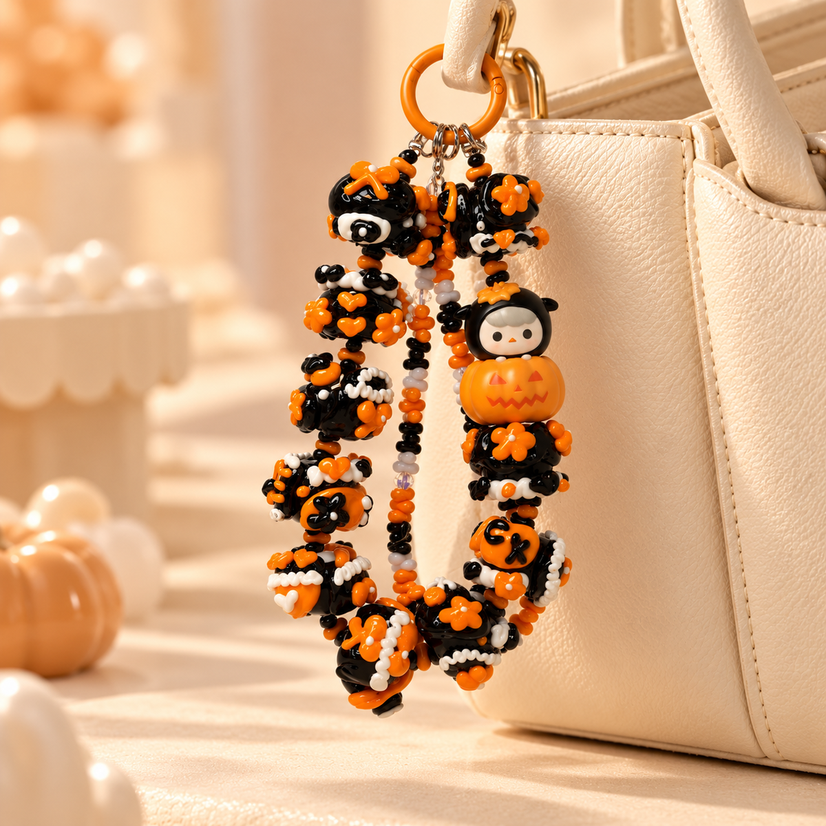 PUCKY Halloween pumpkin charm on a cream handbag