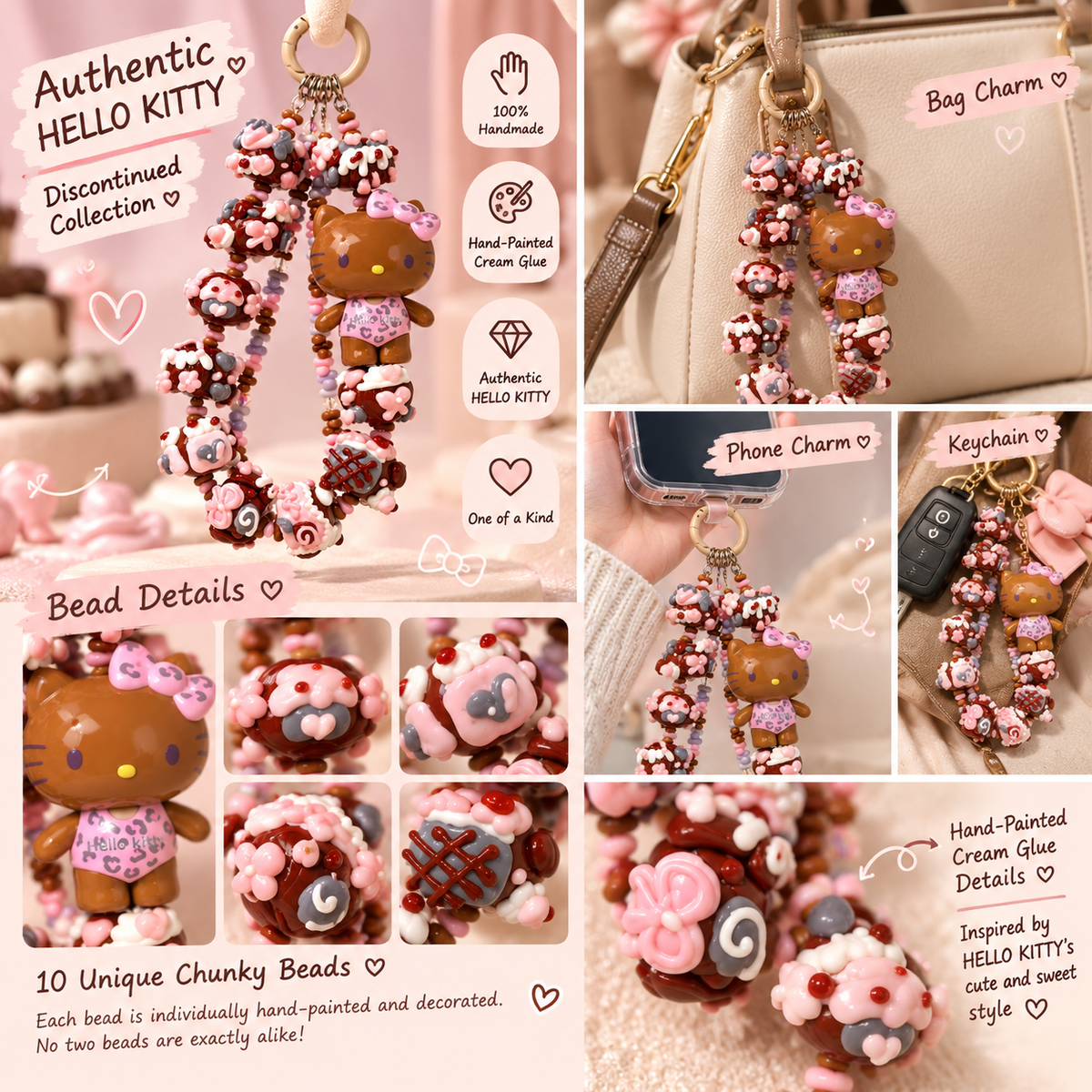 Authentic TOP TOY Special Edition Hello Kitty Pink Leopard Print Phone Charm – Handmade Hand-Painted Chunky Beads