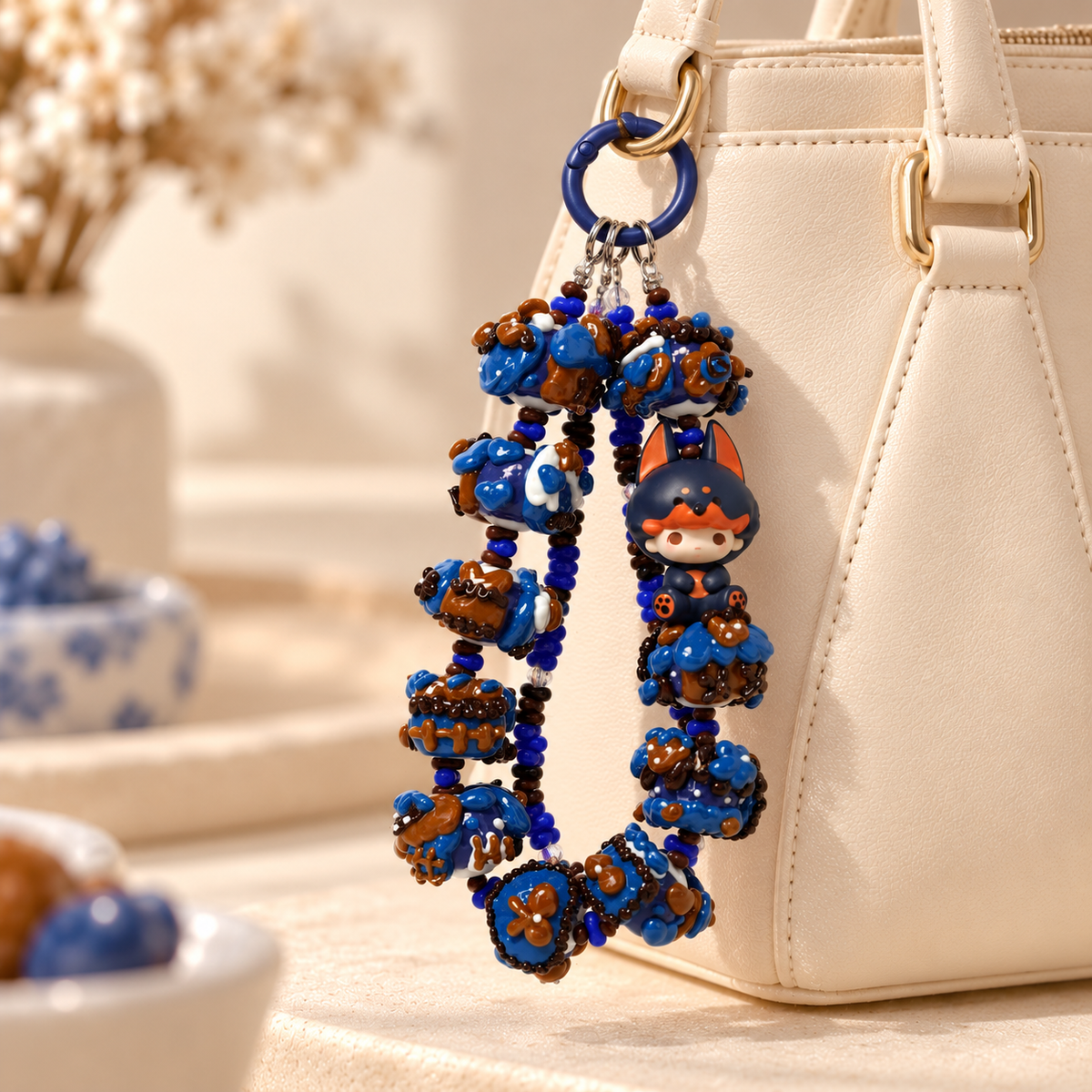 DIMOO blue chunky bead charm attached to a cream handbag