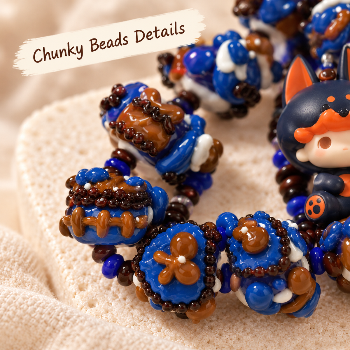 Close-up of blue and brown hand-decorated chunky beads