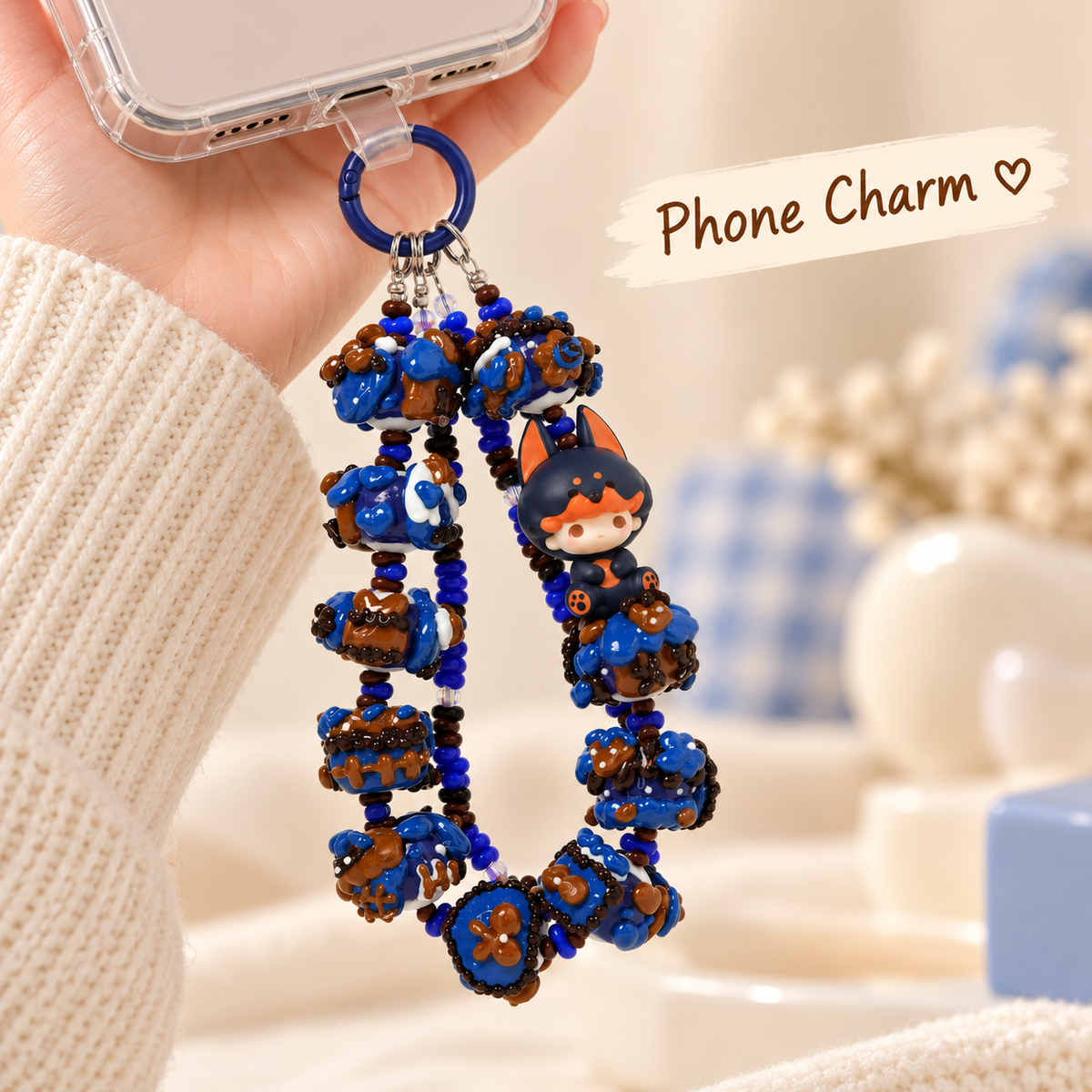 DIMOO charm attached to a clear phone case at its bottom edge