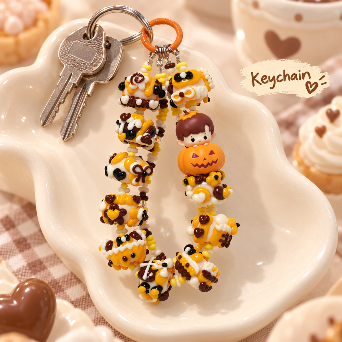 HACIPUPU Halloween pumpkin charm styled with silver keys