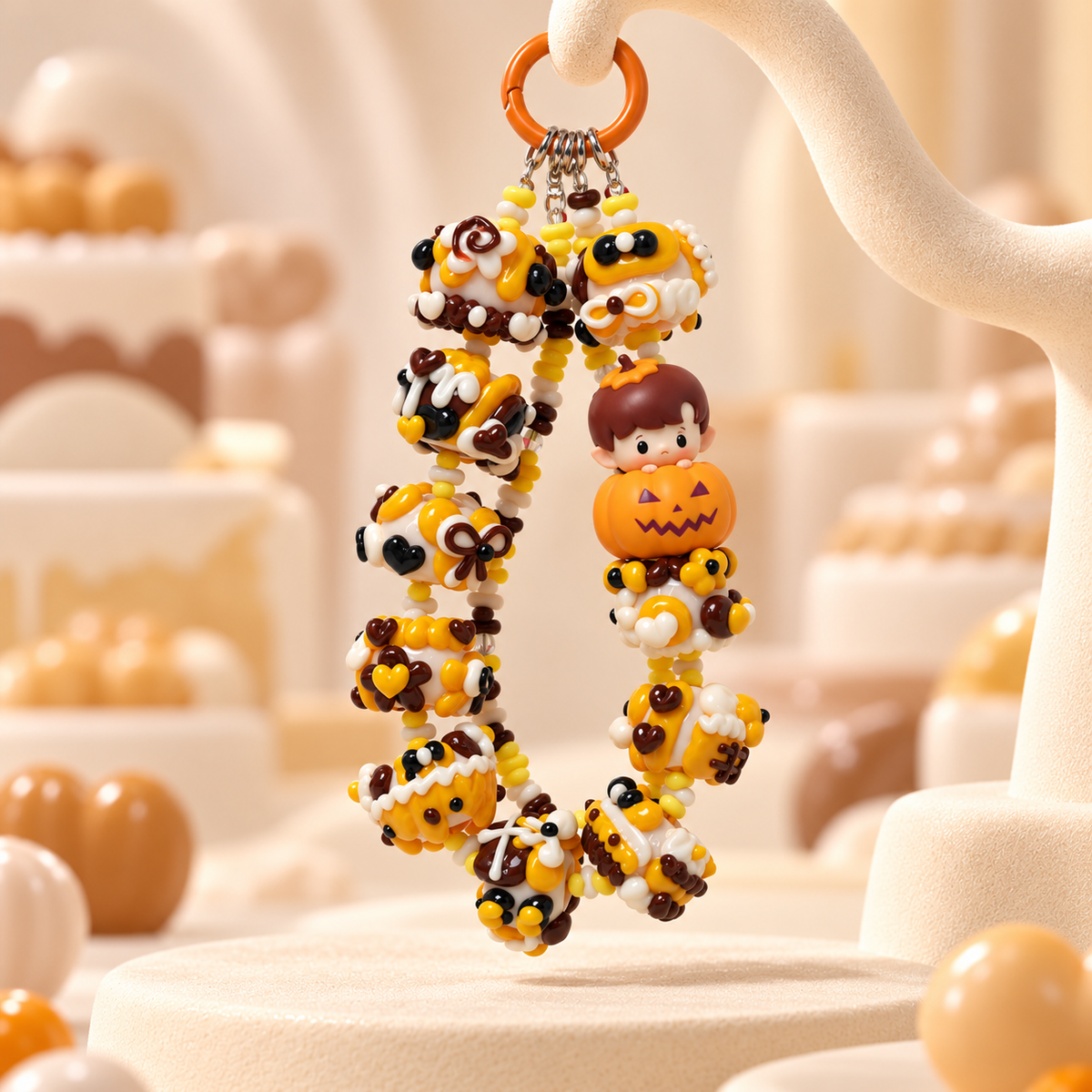 POP MART HACIPUPU Halloween pumpkin charm on a cream studio stand
