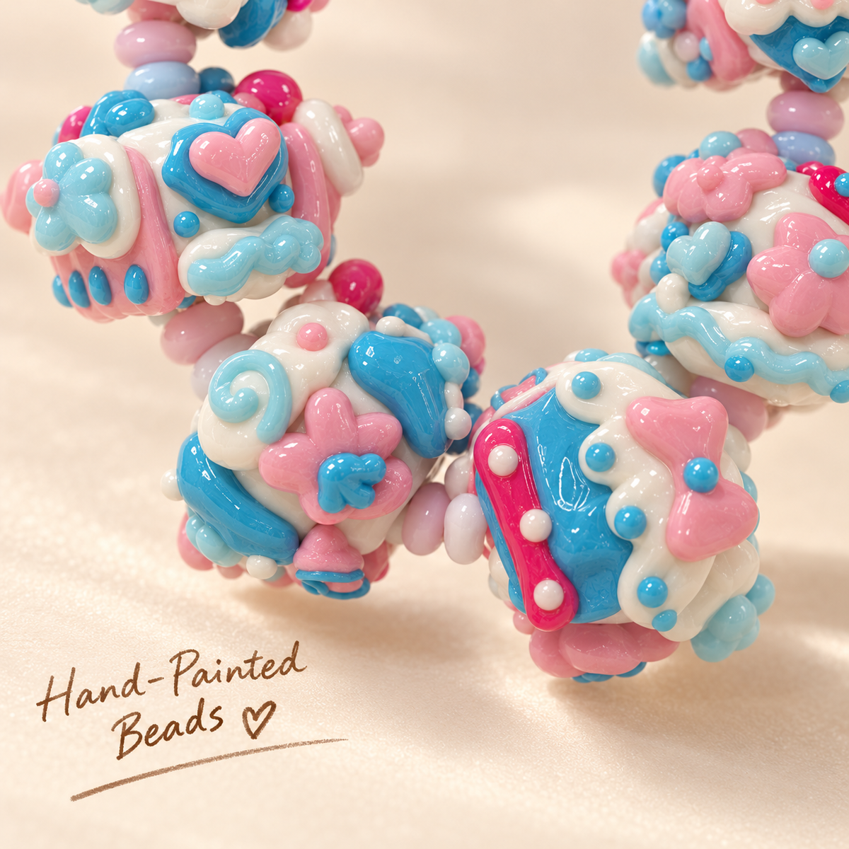 Close-up of blue pink white hand-painted chunky beads with raised hearts and bows