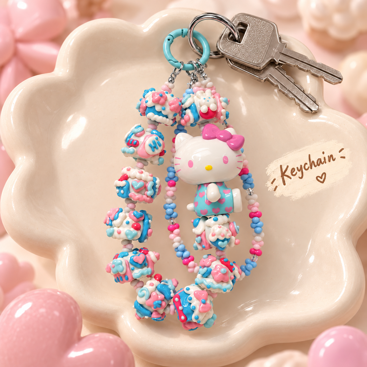 Blue pink Hello Kitty charm styled as keychain with silver-tone findings