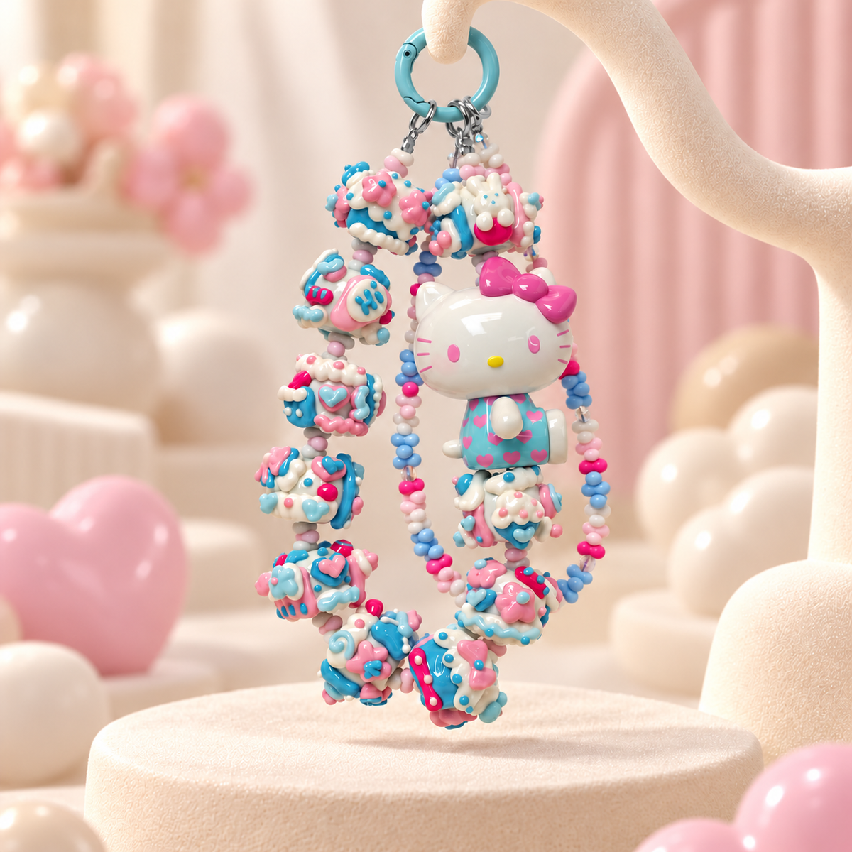 TOP TOY Hello Kitty Blue Pink Peach Heart special phone charm with silver-tone fittings