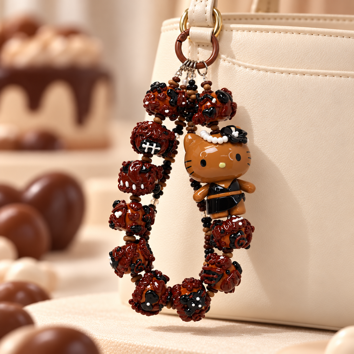 Brown Sugar Hello Kitty phone charm styled on a cream handbag