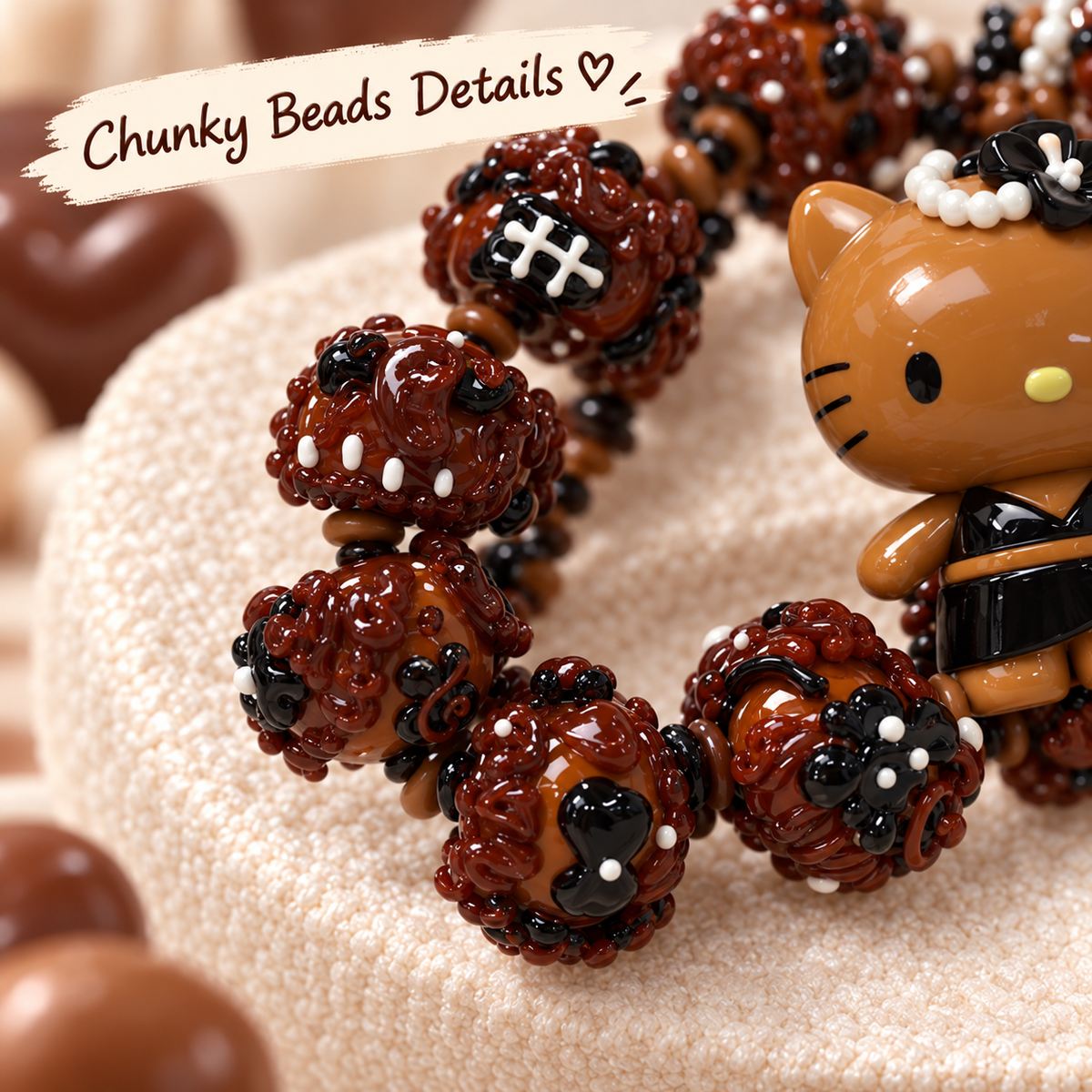 Chocolate brown chunky beads with black and white hand-decorated details