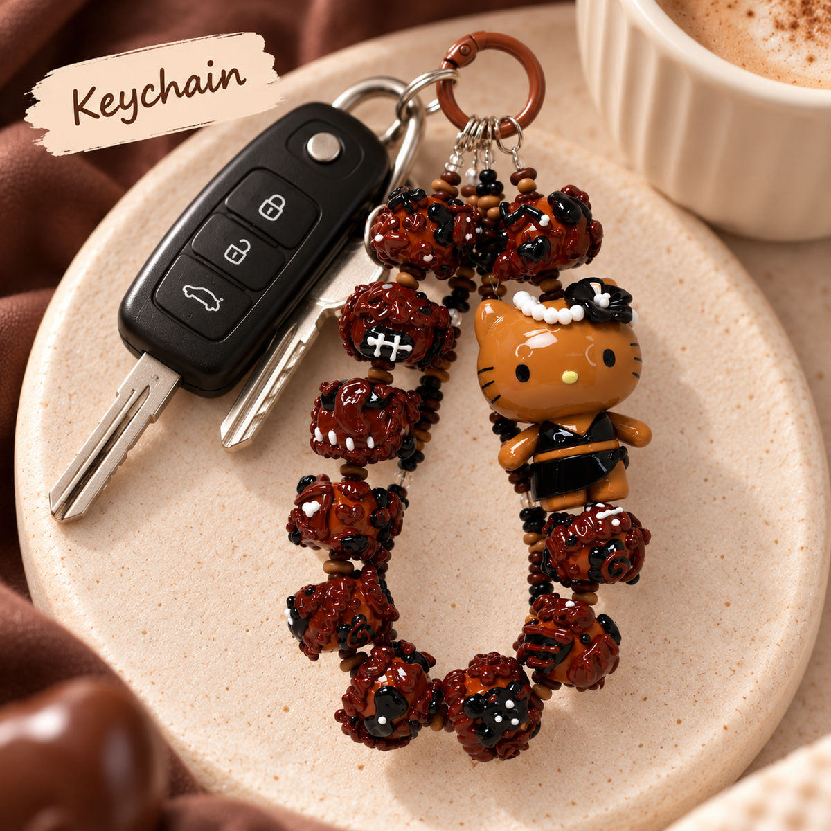 Brown Sugar Hello Kitty charm styled with keys on an ivory tray