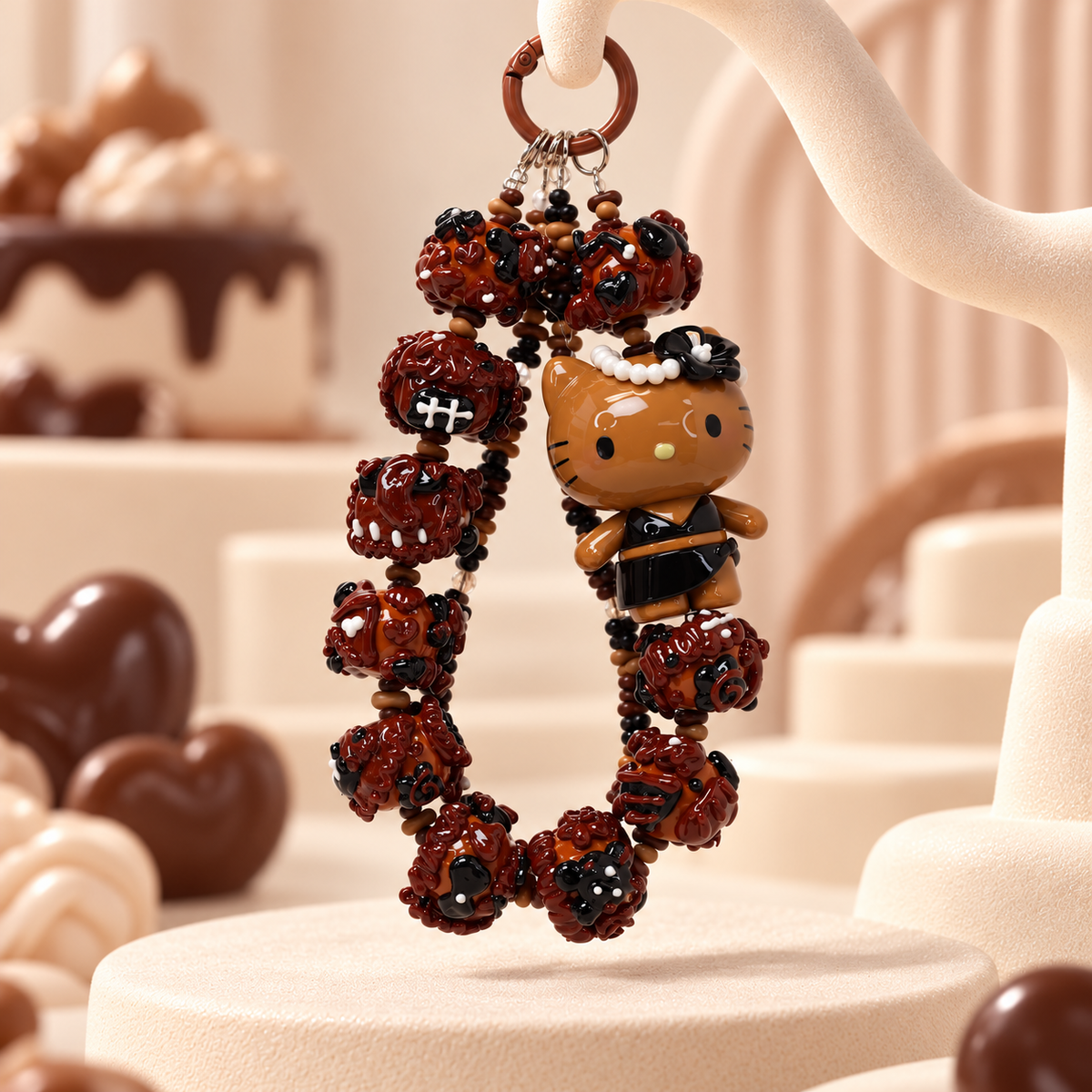 TOP TOY Hello Kitty Brown Sugar phone charm with chocolate brown and black hand-painted chunky beads