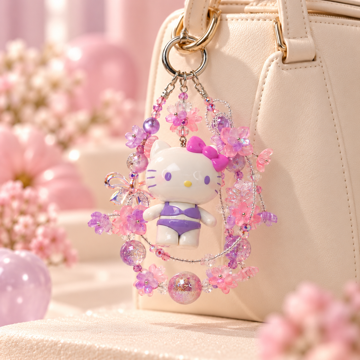 Purple and pink Hello Kitty glitter bead charm attached to a cream handbag