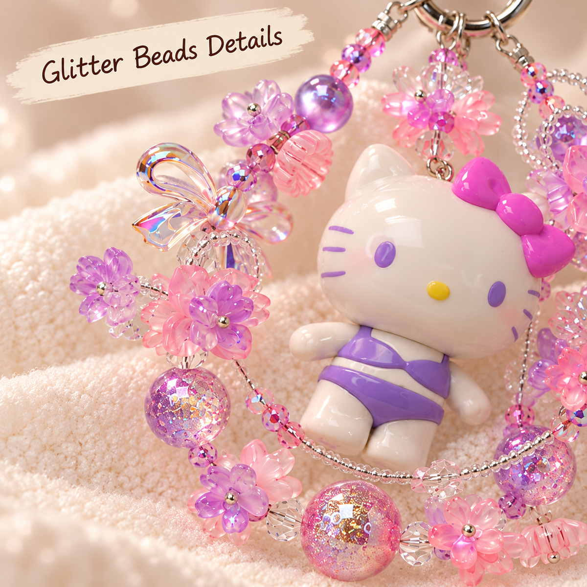 Purple pink glitter beads, translucent flowers and iridescent butterfly close-up