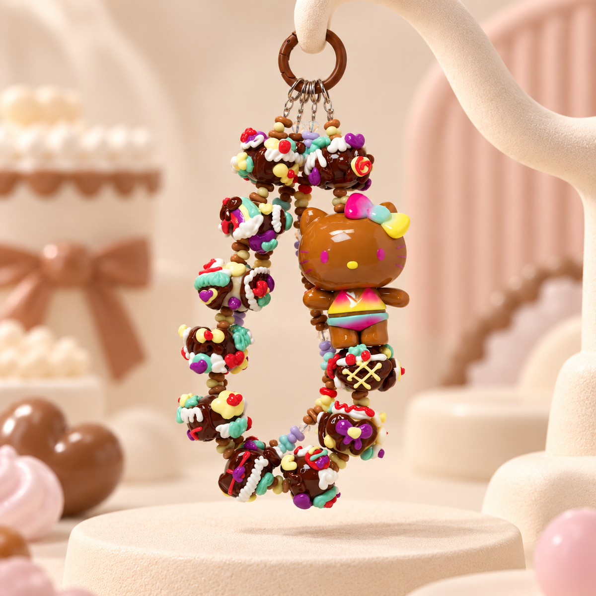 TOP TOY Secret Popping Candy tan Hello Kitty rainbow phone charm on cream stand