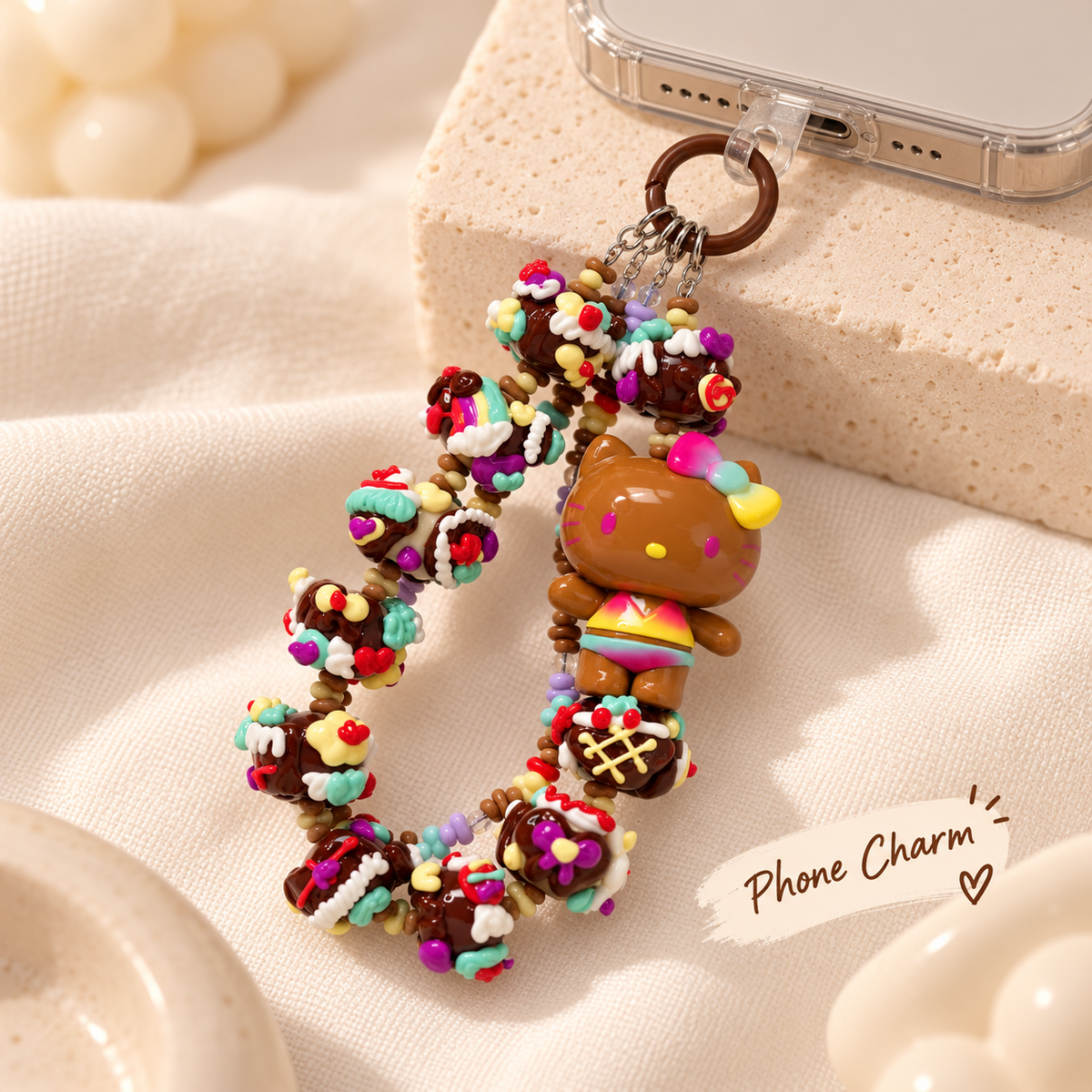 Rainbow Popping Candy Hello Kitty charm connected to the bottom of a phone case