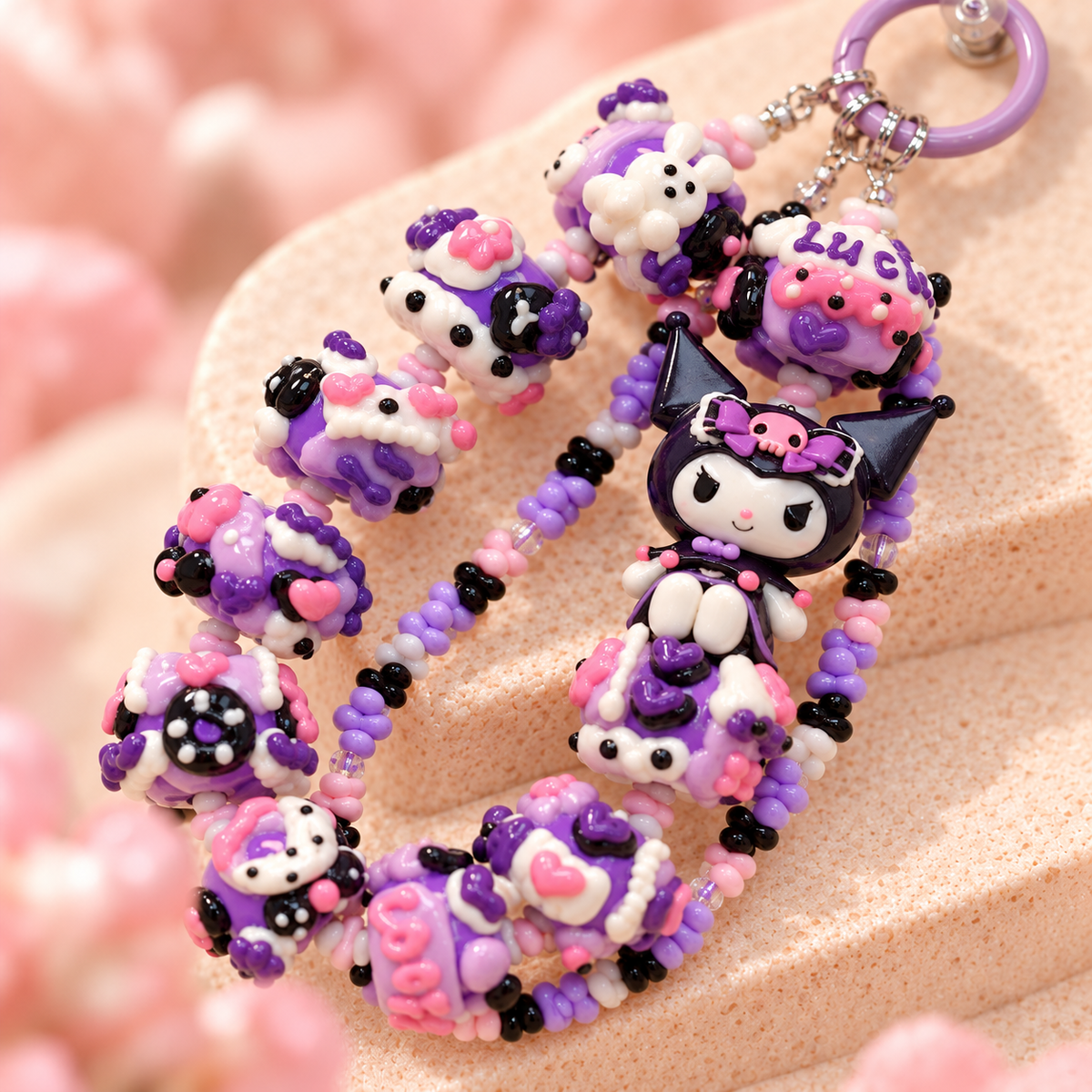 Authentic Kuromi Phone Charm – Pink & Purple Hearts Hand-Painted Chunk ...