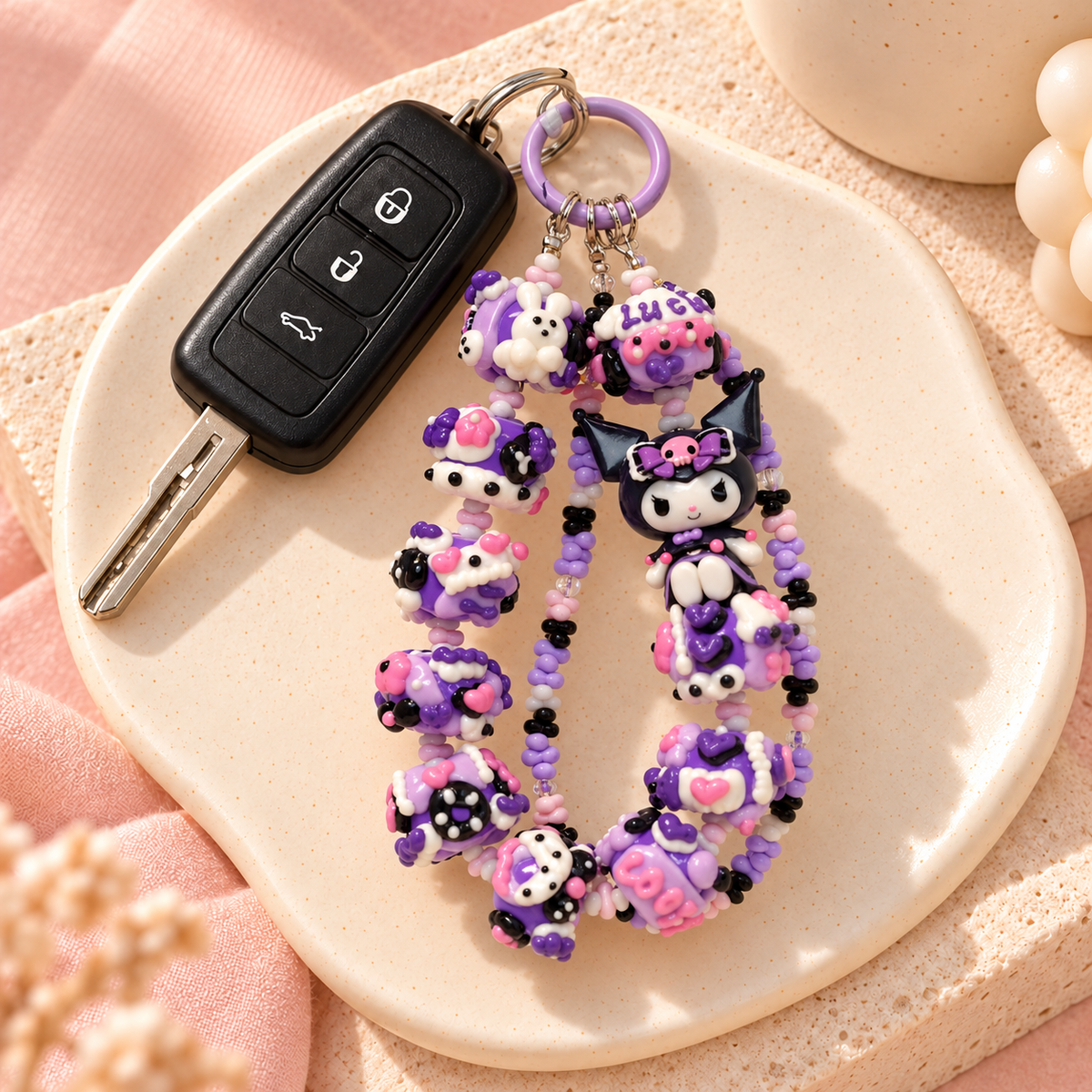 Authentic Kuromi Phone Charm – Pink & Purple Hearts Hand-Painted Chunk ...