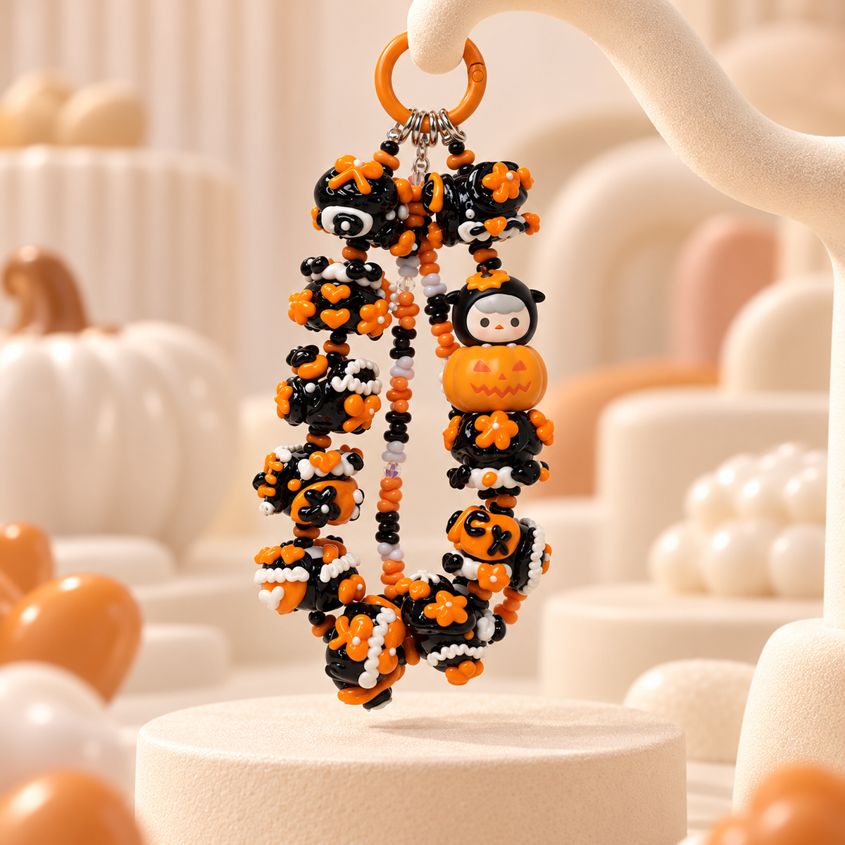 POP MART PUCKY Halloween pumpkin phone charm on a cream studio stand