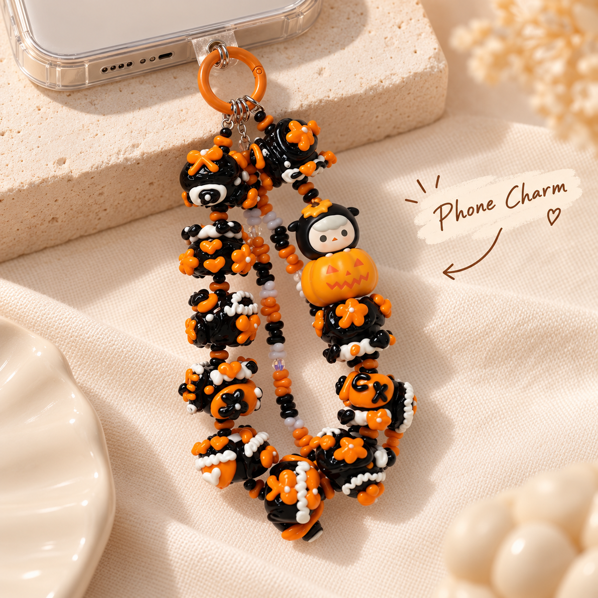 PUCKY pumpkin charm connected at the bottom of a clear phone case
